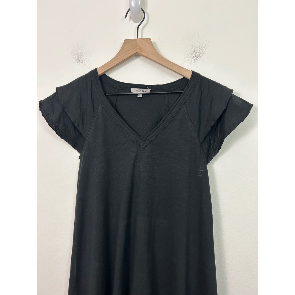Lisa Todd Black Cotton Ruffle Sleeve Mini Dress Rainbow Whipstitch Small - Picture 8 of 11